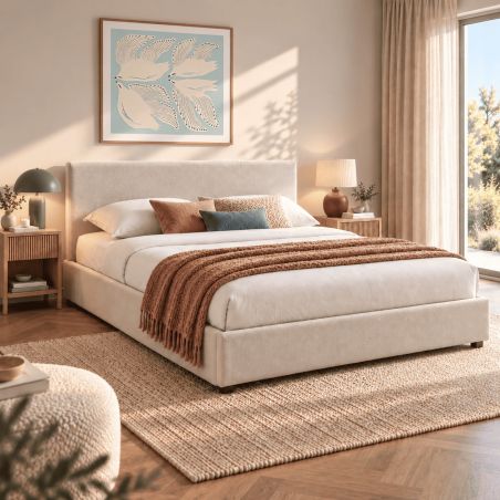Lit coffre VANIA 160x200 tissu beige sommier inclus