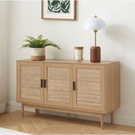 Buffet AMANA effet chêne et cannage rotin 130cm