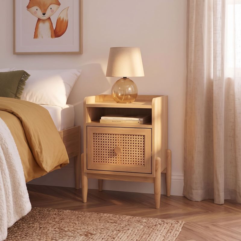 Table de chevet enfant PABLO cannage rotin et effet bois