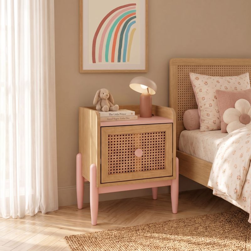 Table de chevet enfant PABLO rose et cannage rotin
