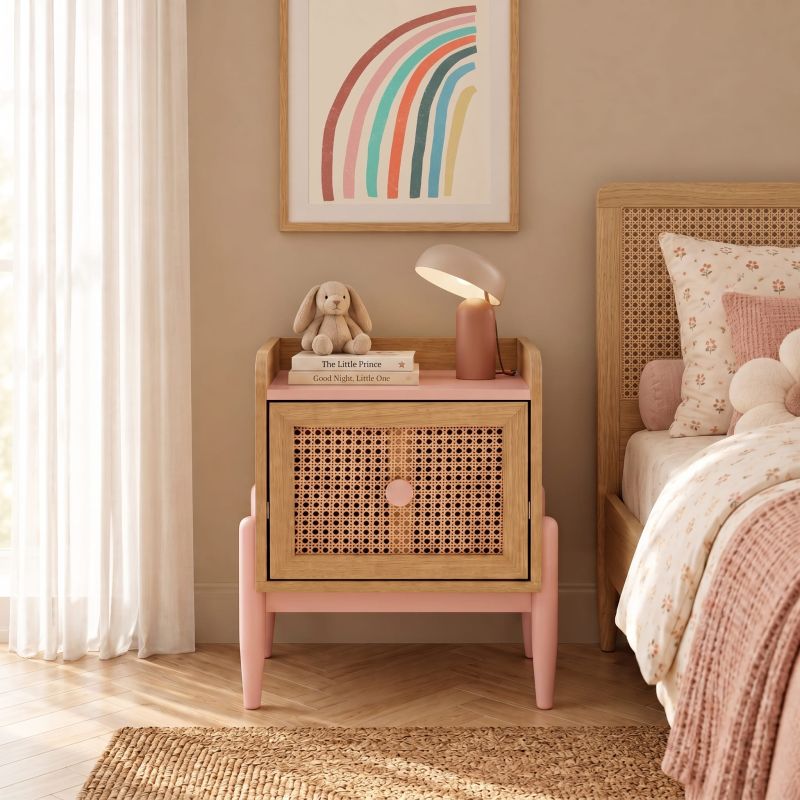 Table de chevet enfant PABLO rose et cannage rotin