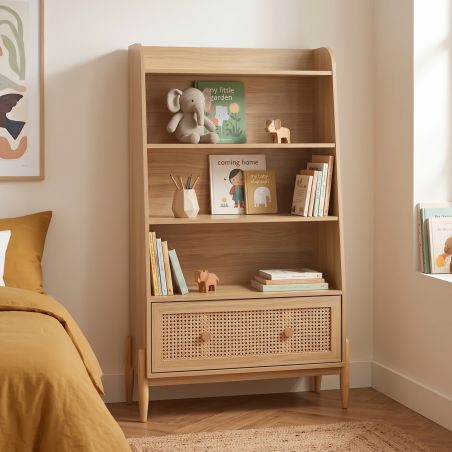 Bibliothèque enfant PABLO cannage rotin et effet chêne 80x140cm