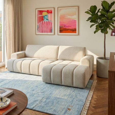 Canapé d'angle droit compressé FEYA 4 places tissu chenille crème