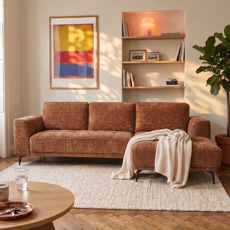 Canapé d'angle droit fixe LOERA 4 places tissu velours texturé terracotta