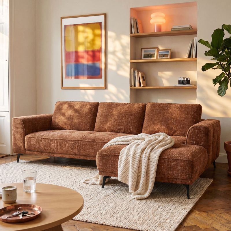 Canapé d'angle droit fixe LOERA 4 places tissu velours texturé terracotta