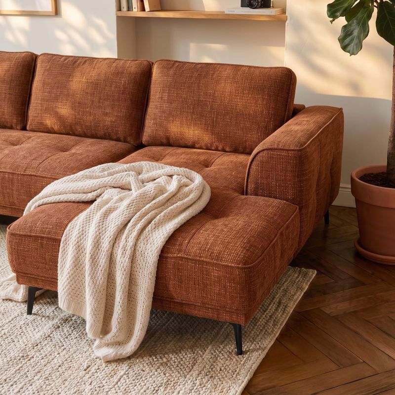 Canapé d'angle droit fixe LOERA 4 places tissu velours texturé terracotta