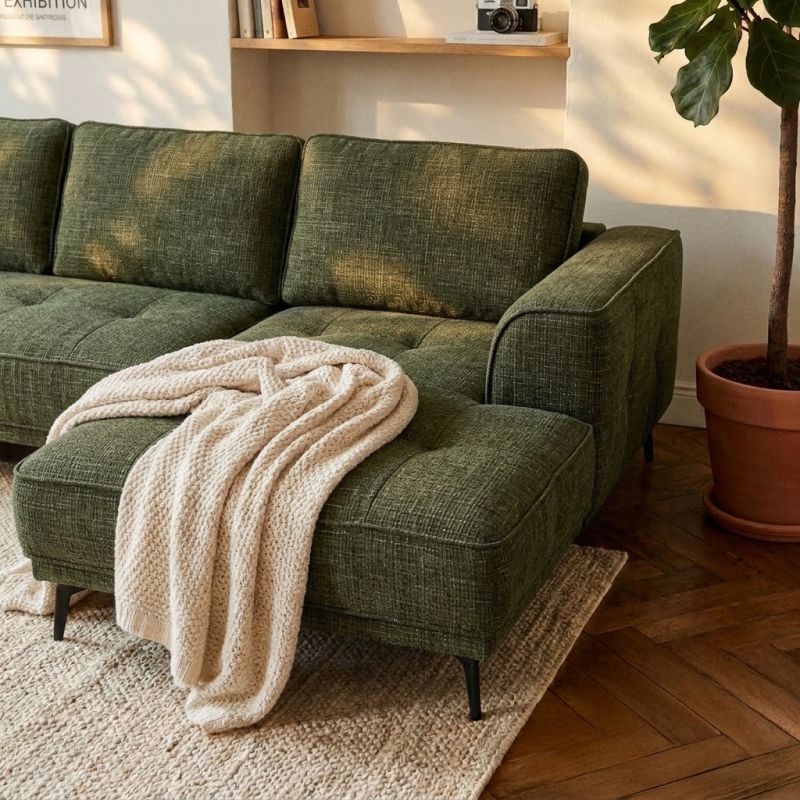 Canapé d'angle droit fixe LOERA 4 places tissu velours texturé vert