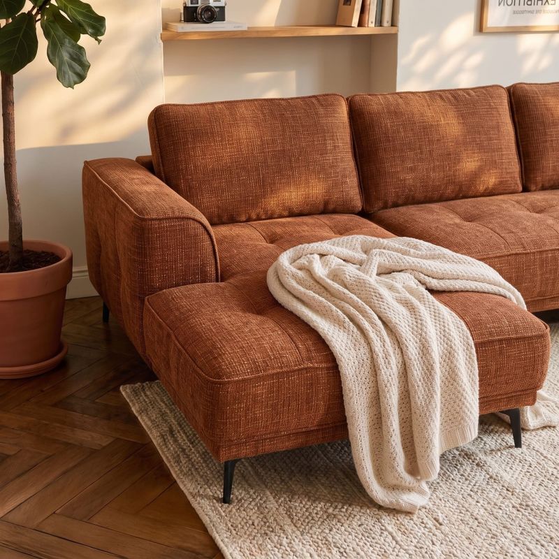 Canapé d'angle gauche fixe LOERA 4 places tissu velours texturé terracotta