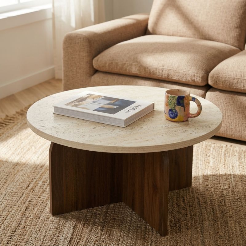 Table basse LILA plateau effet travertin et pieds effet noyer 80cm
