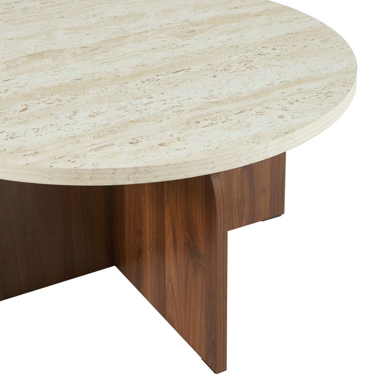 Table basse LILA plateau effet travertin et pieds effet noyer 80cm