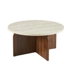 Table basse LILA plateau effet travertin et pieds effet noyer 80cm