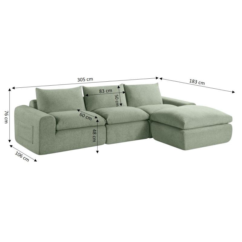Canapé droit modulable compressé MEKA 3 places tissu chenille vert