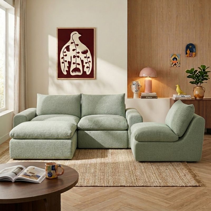 Canapé droit modulable compressé MEKA 3 places tissu chenille vert
