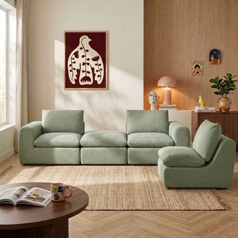 Canapé droit modulable compressé MEKA 3 places tissu chenille vert