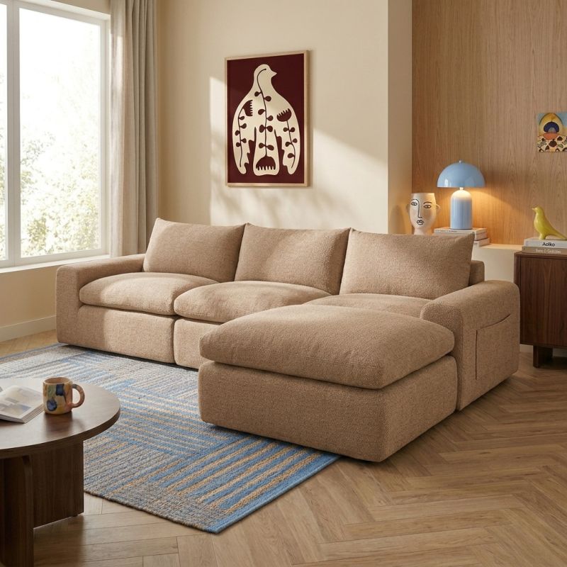 Canapé droit modulable compressé MEKA 3 places tissu chenille marron