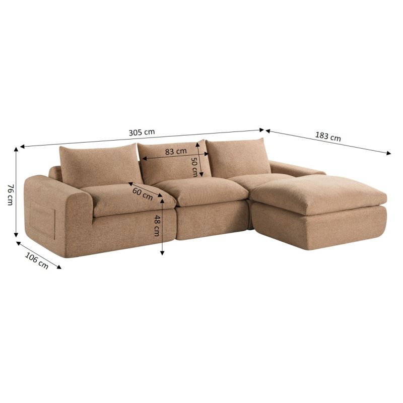 Canapé droit modulable compressé MEKA 3 places tissu chenille marron