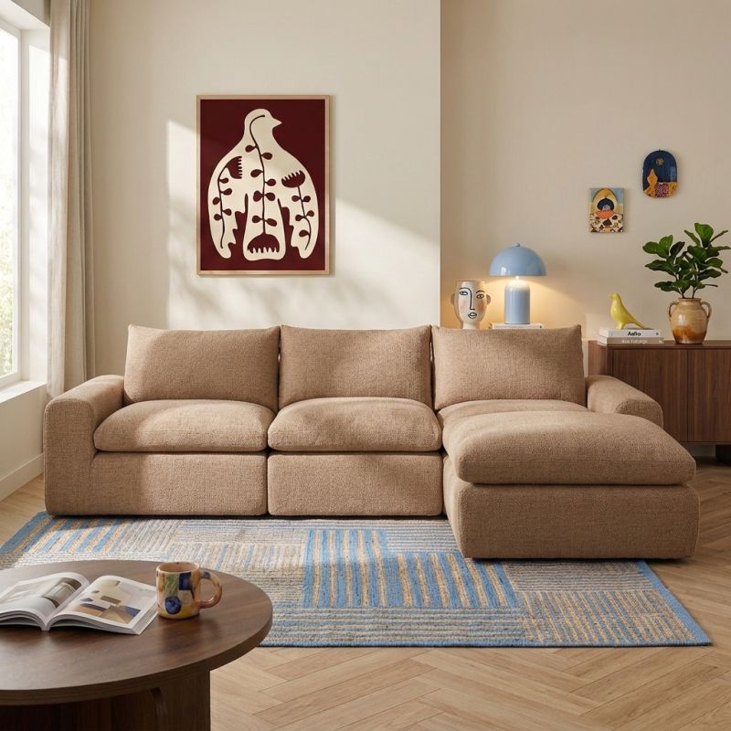 Canapé droit modulable compressé MEKA 3 places tissu chenille marron