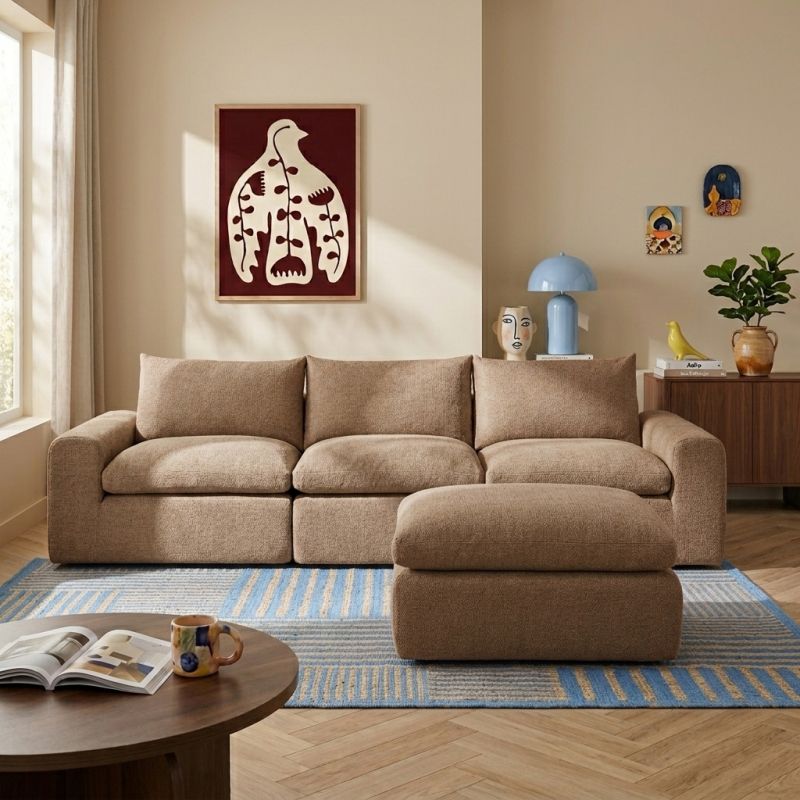 Canapé droit modulable compressé MEKA 3 places tissu chenille marron