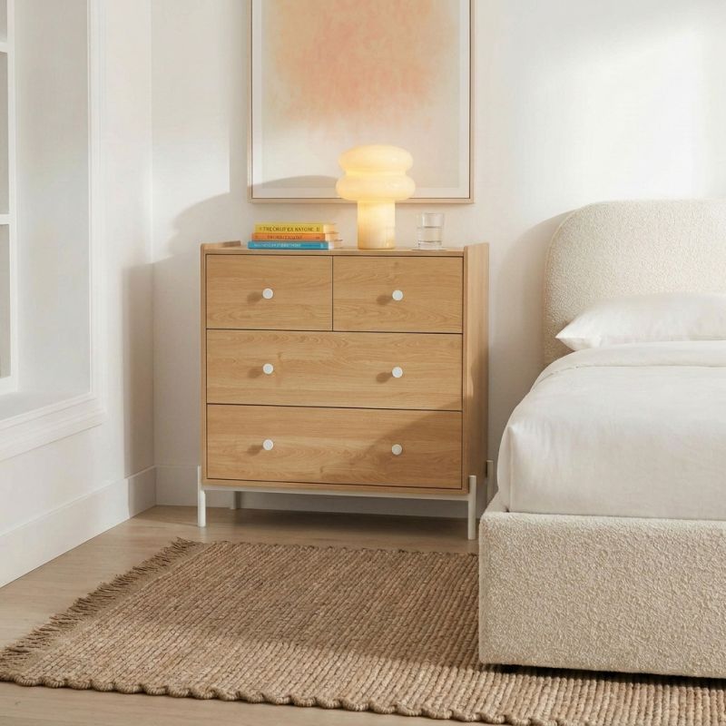 Commode SANA 3 tiroirs effet chêne et poignées blanches