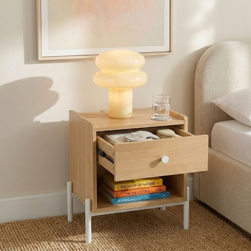 Table de chevet SANA effet chêne 1 tiroir et 1 poignée blanche