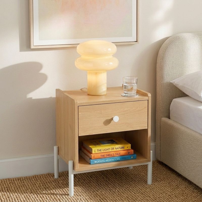 Table de chevet SANA effet chêne 1 tiroir et 1 poignée blanche