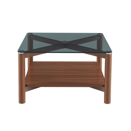 Table basse SENJA effet noyer et plateau verre noir