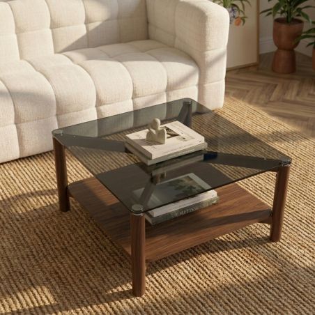 Table basse SENJA effet noyer et plateau verre noir