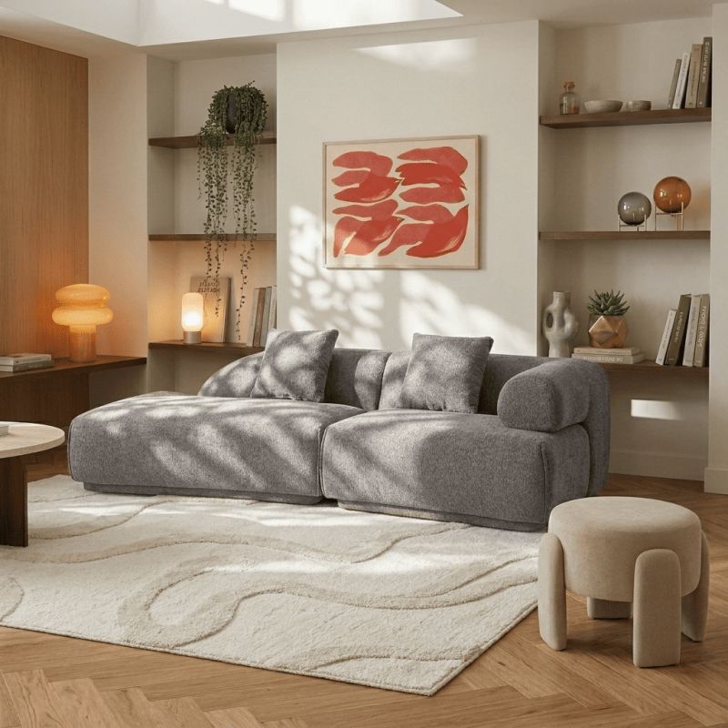 Canapé d'angle gauche compressé VENA 4 places tissu bouclette texturé marron