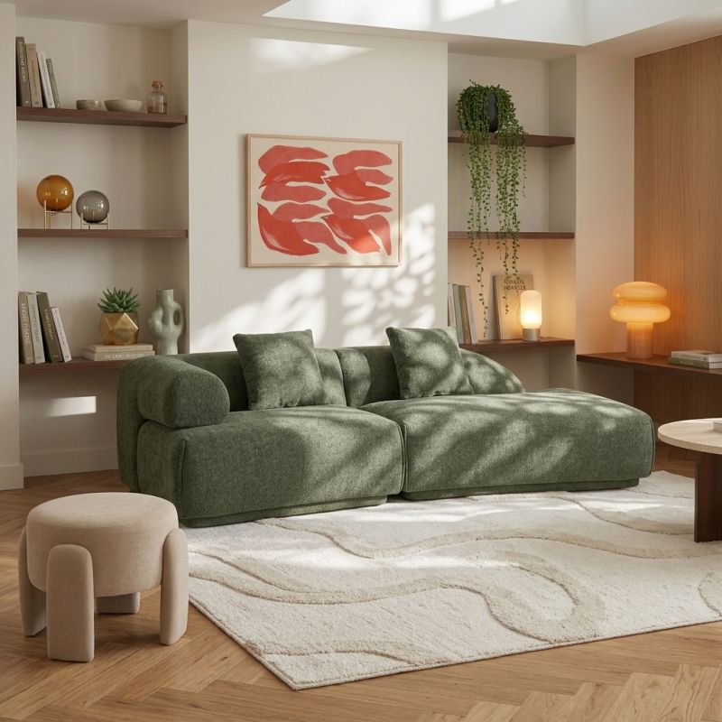 Canapé d'angle droit compressé VENA 4 places tissu bouclette texturé vert