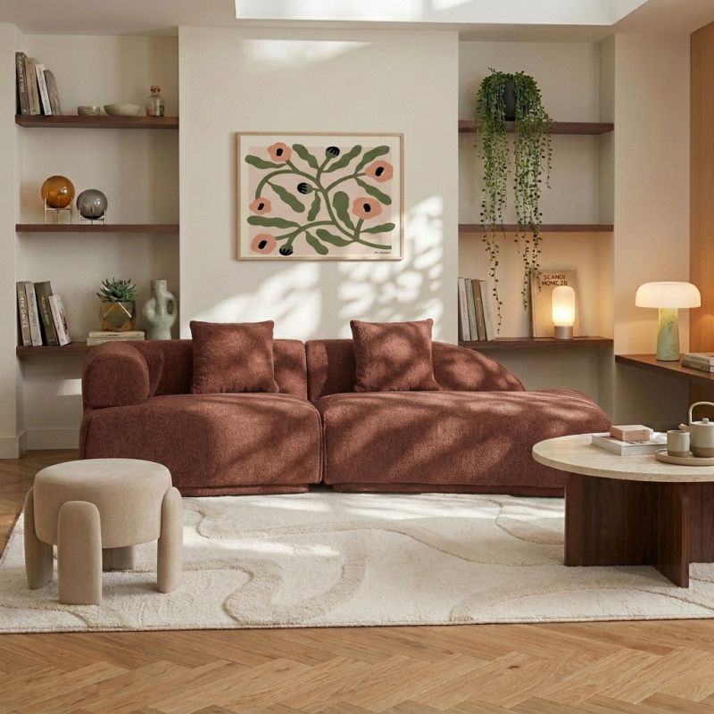 Canapé d'angle droit compressé VENA 4 places tissu bouclette texturé terracotta