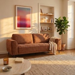 Canapé droit fixe LOERA 3 places tissu velours texturé terracotta
