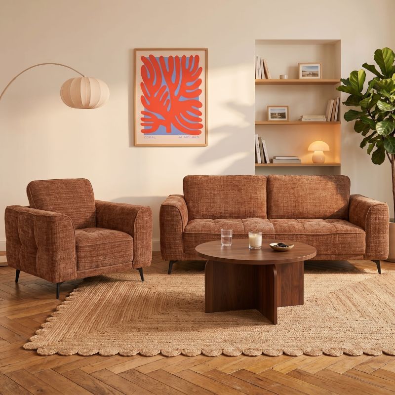 Canapé droit fixe LOERA 3 places tissu velours texturé terracotta