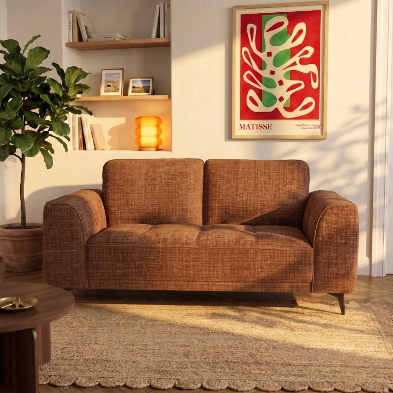 Canapé droit fixe LOERA 2 places tissu velours texturé terracotta