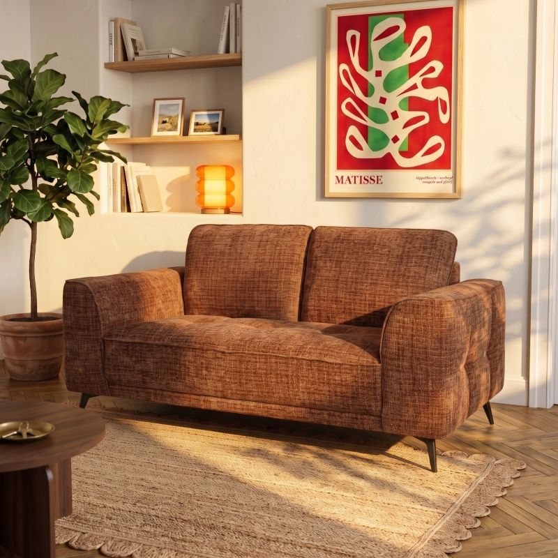 Canapé droit fixe LOERA 2 places tissu velours texturé terracotta